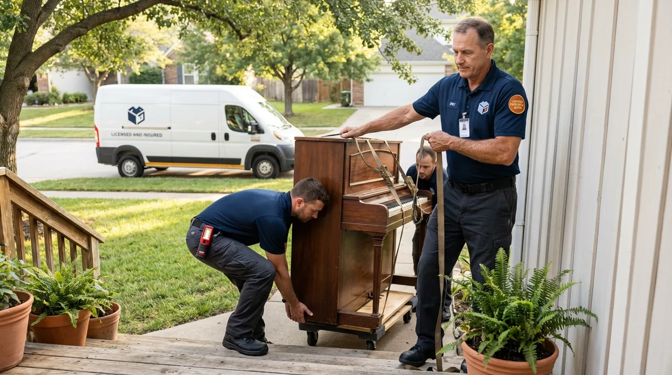 Licensed piano movers securing grand piano in Platteville, CO