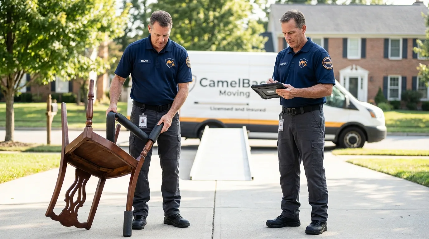 Movers inspecting furniture for damage prevention before loading in Platteville, CO