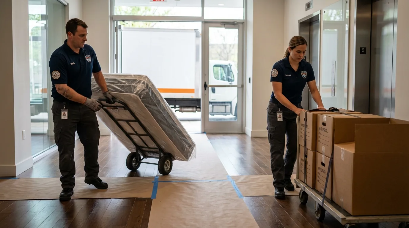 Professional apartment movers loading elevator in Platteville, CO