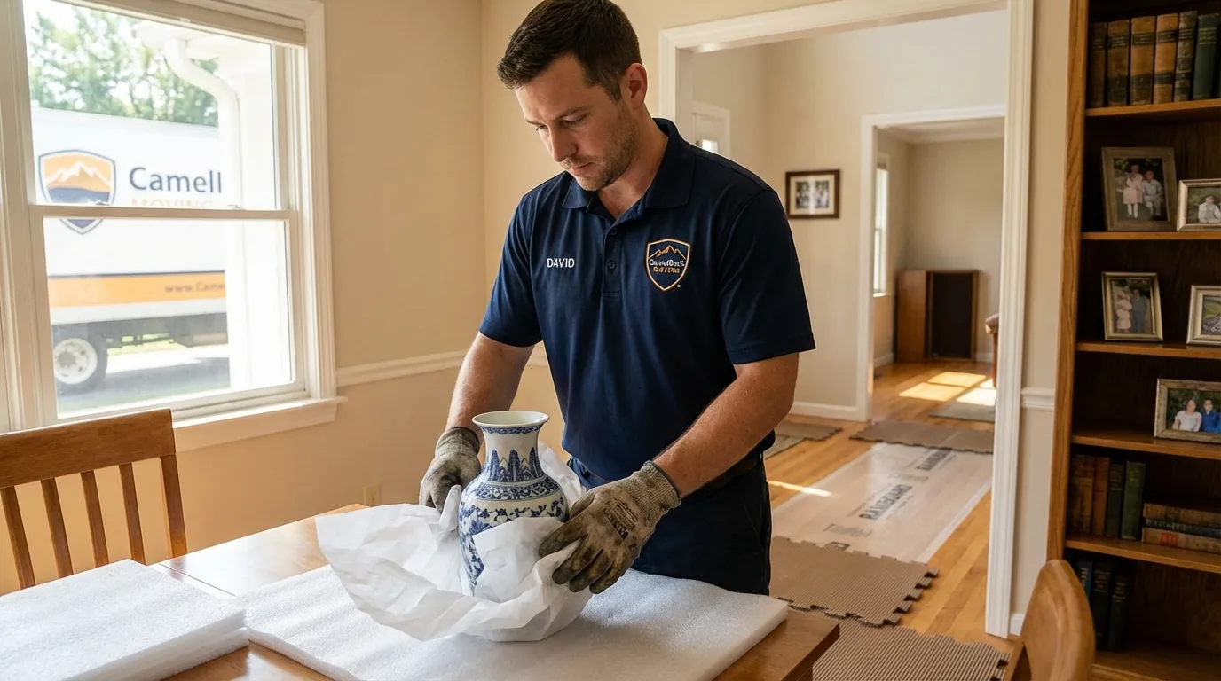 Professional crew carefully wrapping antique vase for senior downsizing move in Platteville, CO
